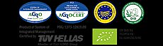 Сертификати: AGRO, AGROCERT, ЗГУ (PGI), TÜV HELLAS, биологичен продукт (ЕС), DIO
